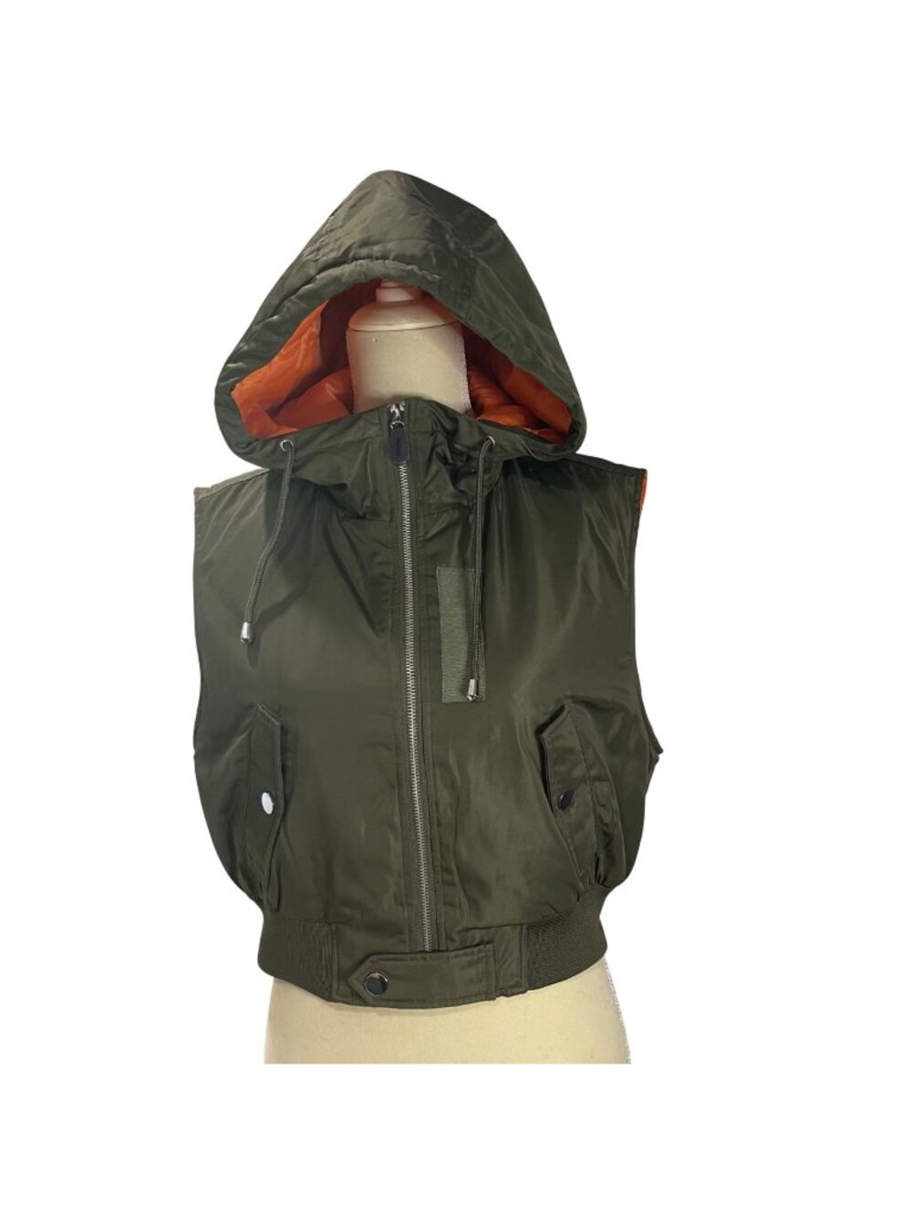 Zara Cropped Hooded Vest Womens Size Large Green Full Zip High Neck Snap Pockets